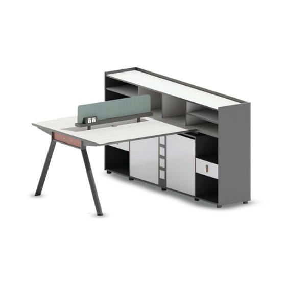 meja kerja dua orang berhadapan yang dilengkapi high cabinet